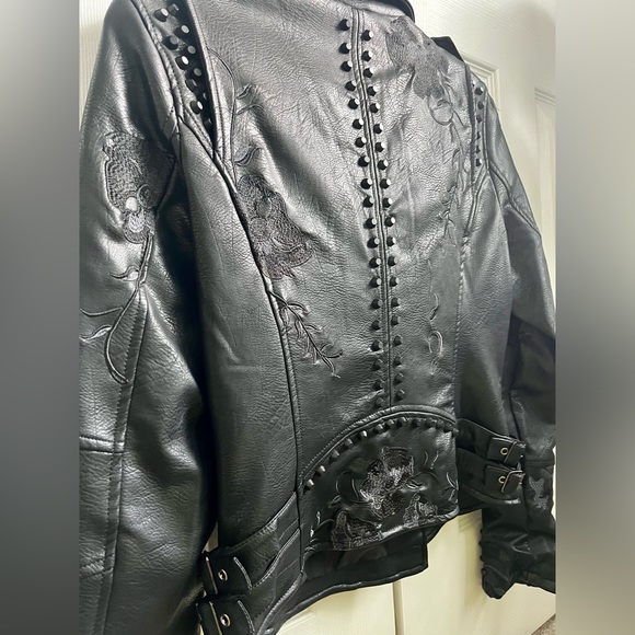 VIGOSS Embroidered, Faux Leather Jacket Medium Black - Picture 4 of 7